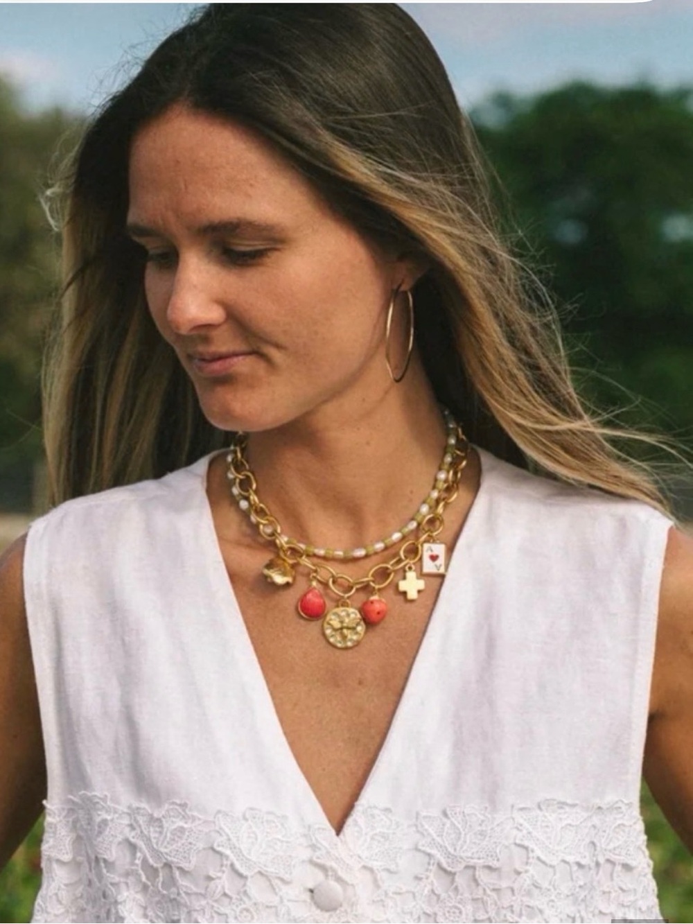 Logan Tay Gold Charm Necklace with Coral Accents - Women's Jewelry